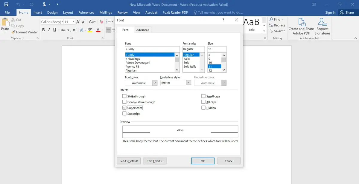 The superscript or subscript option in Word
