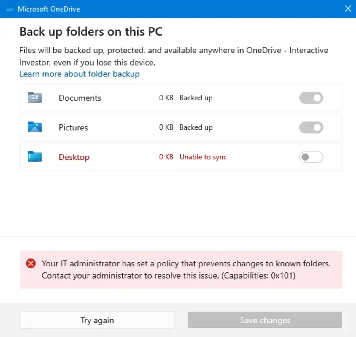Synch the backup folders for OneDrive
