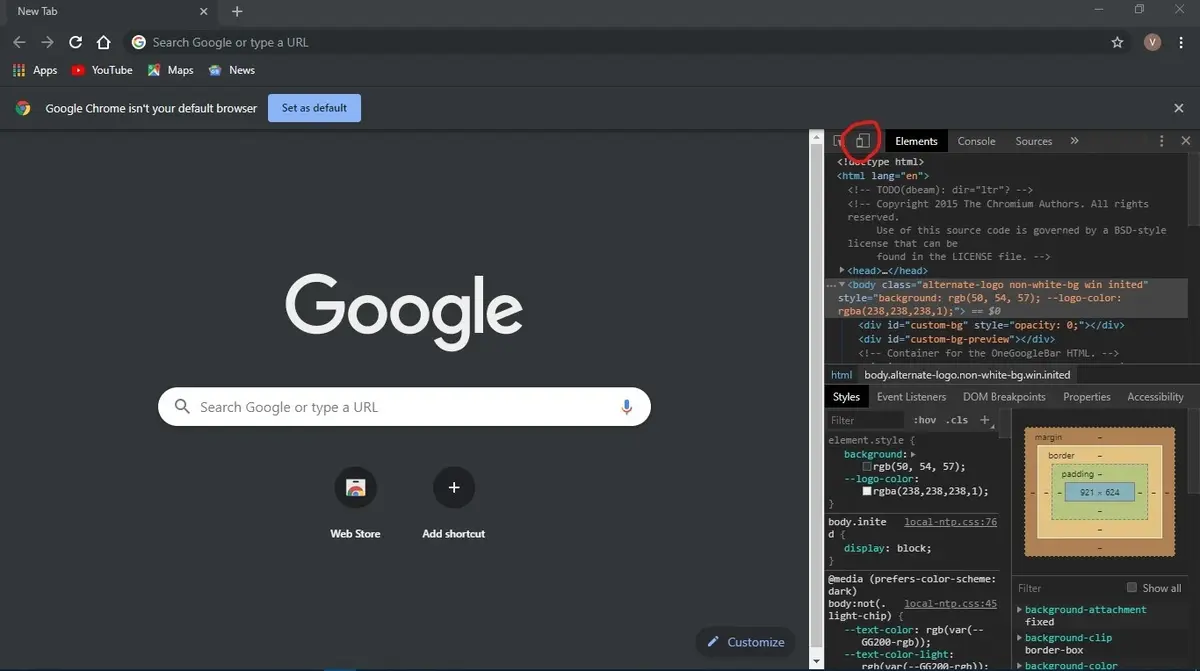Activate the developer window in Chrome