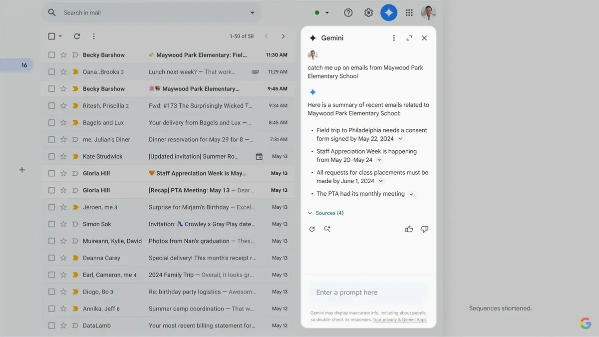 Gemini Gmail feature to summarize emails