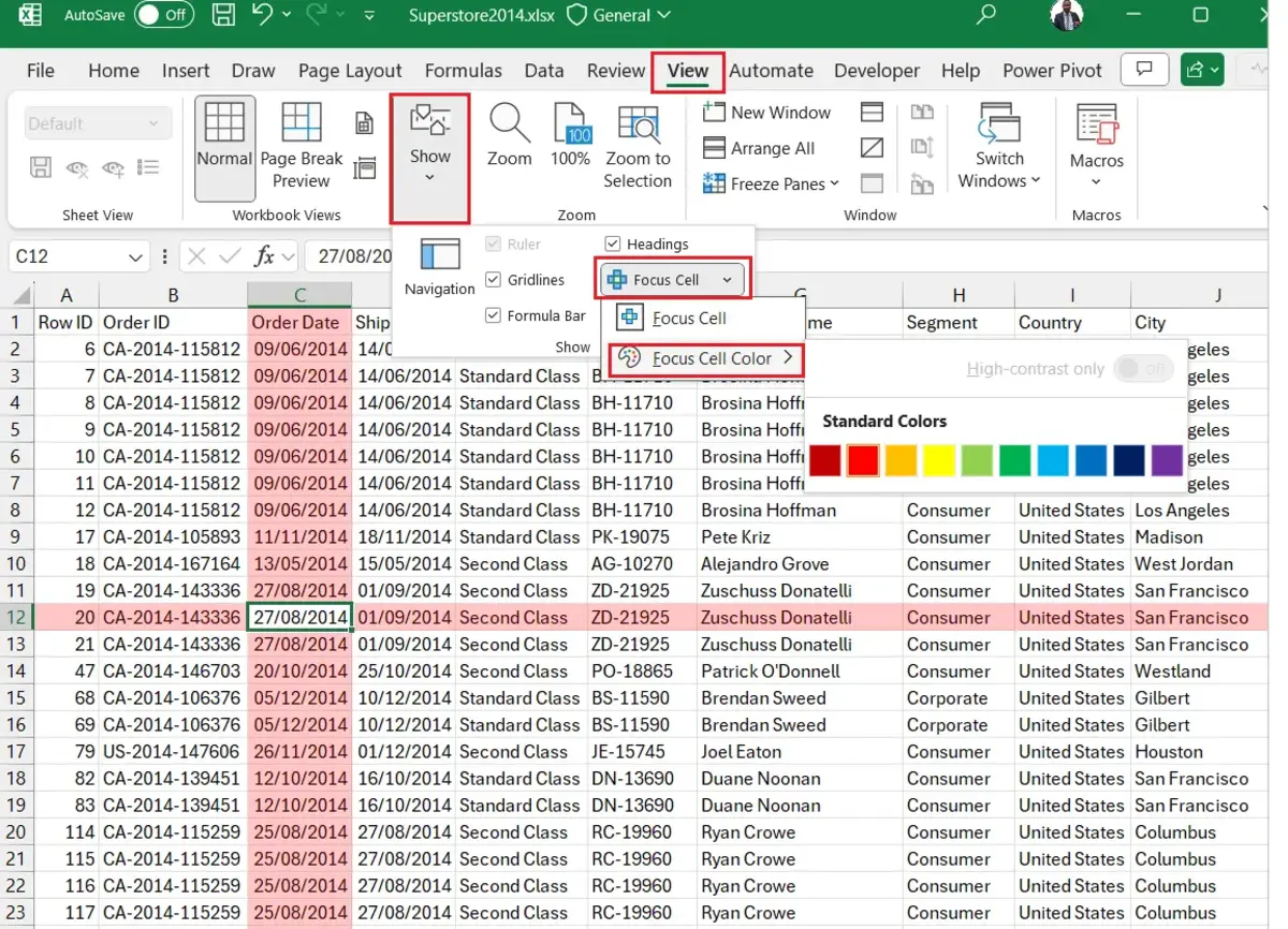 Excel Focus Cell feature