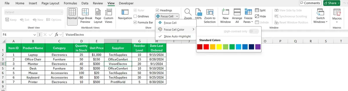 How to use the new Focus Cell feature in Excel