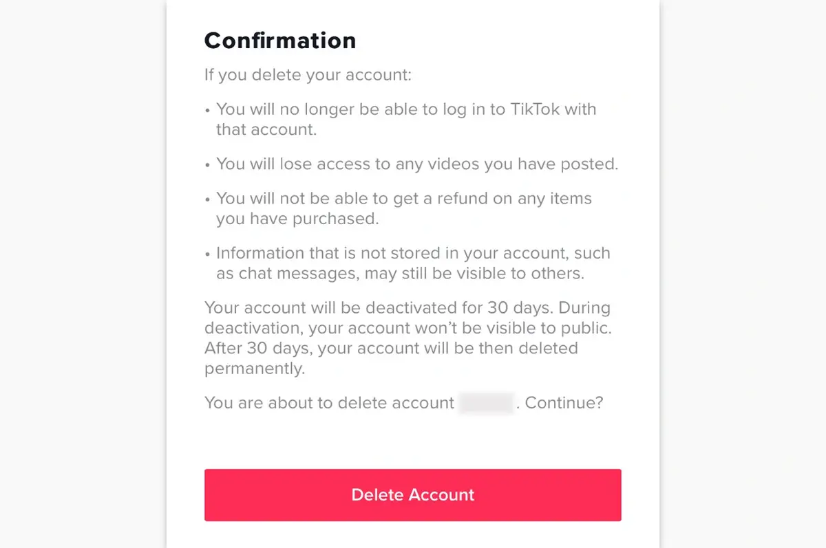 TikTok delete account confirmation