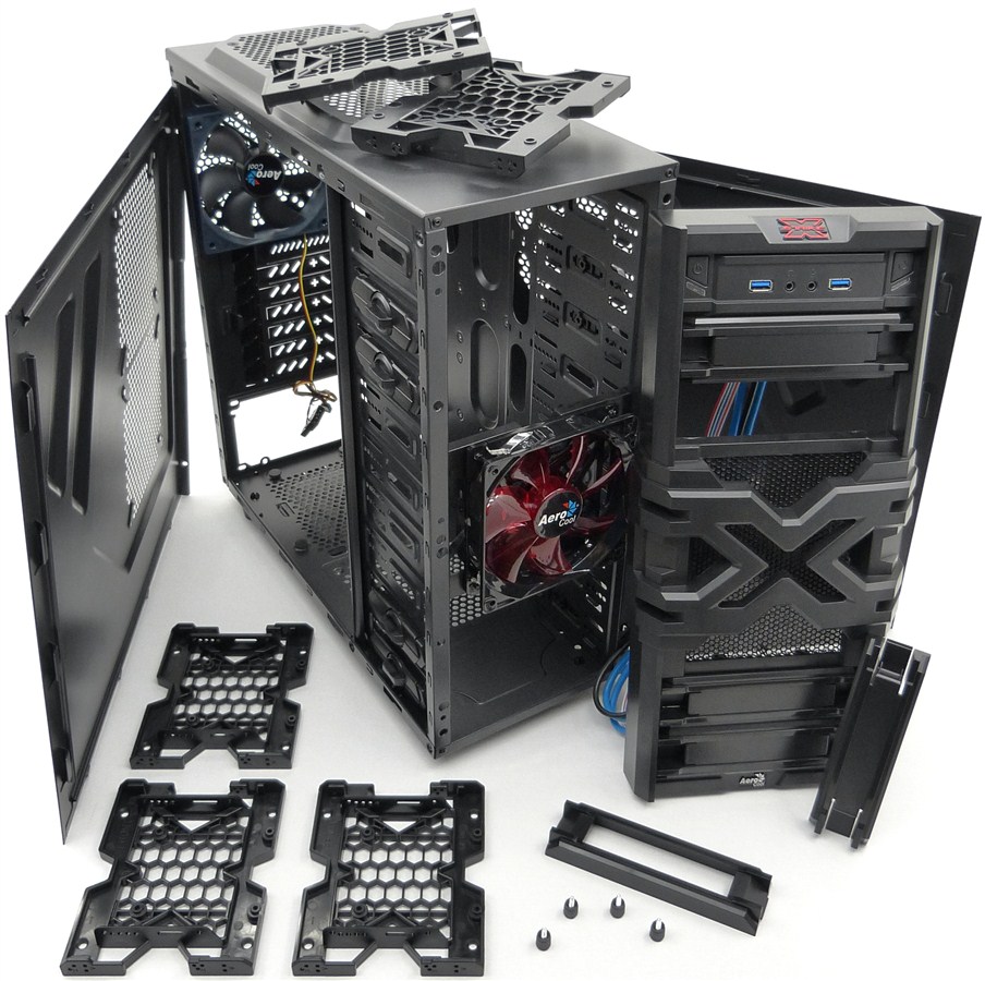 color negro Caja gaming para PC semitorre, ATX, capacidad hasta 12 ventiladores, incluye ventilador frontal con iluminación LED rojo 12 cm y trasero 12 cm, USB 3.0, audio HD Aerocool STRIKEXONEAD 
