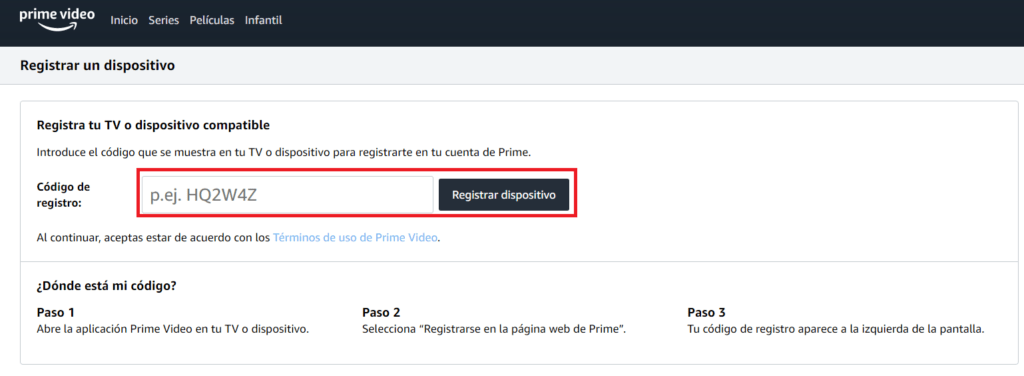 Registrar dispositivo en Amazon Prime Vídeo