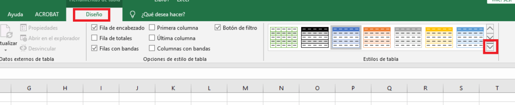Seleccionar estilo de una tabla de Excel