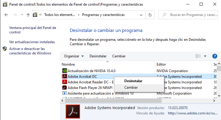 desinstalar un programa en windows 10
