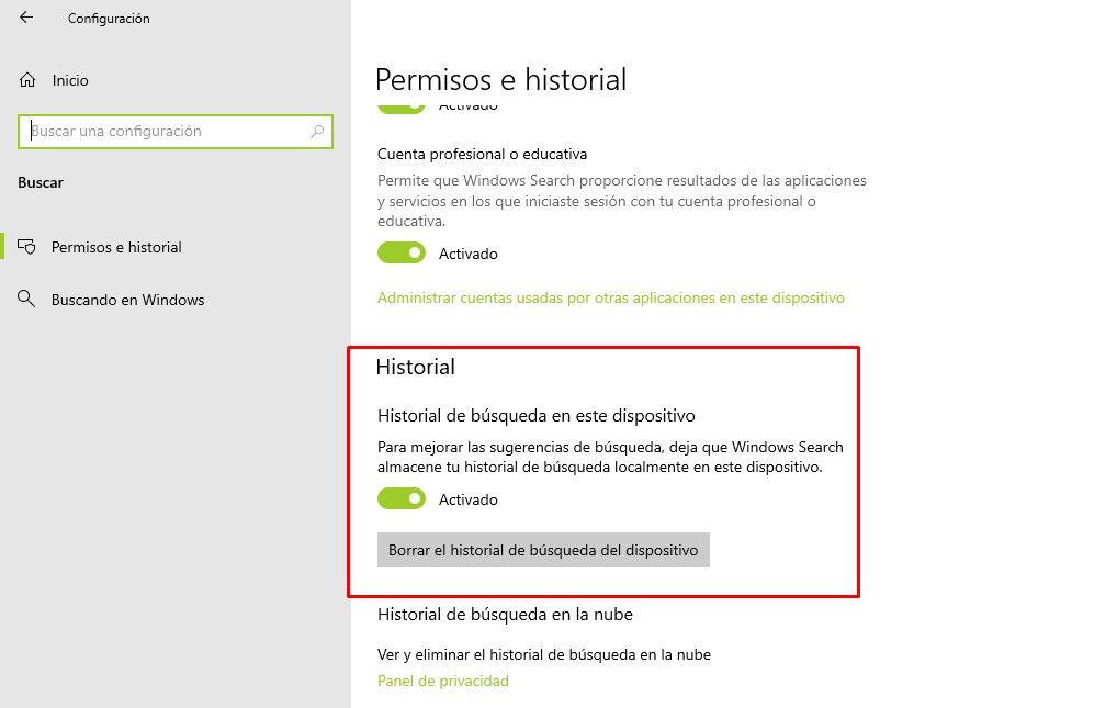 Eliminar historial de búsquedas y actividades recientes en Windows 10