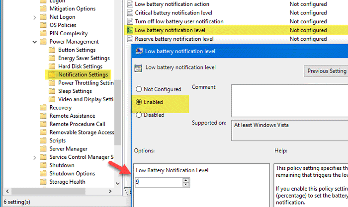 Configurar niveles y acción de batería de Windows 10