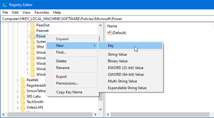 Crear valor PowerSettings en el Registro de Windows