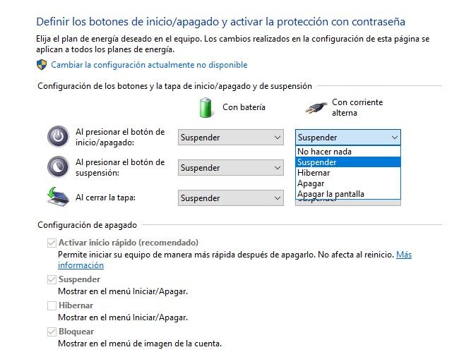 Modificar el comportamiento del botón de encendido en una portátil con Windows 10