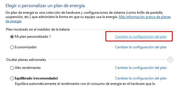 Cambiar configuración del plan de energía en Windows 10