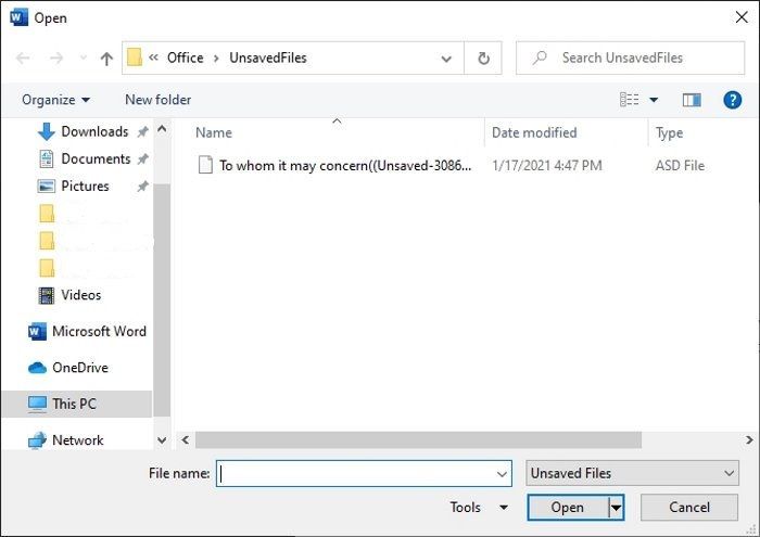 Abrir archivos no guardados en Word