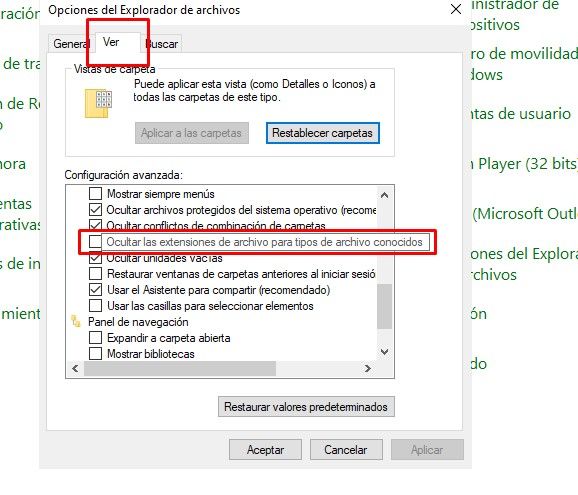 Ocultar o mostrar extensiones de archivos conocidos en Windows