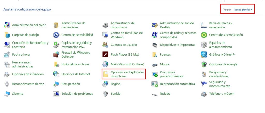 Opciones del explorador de archivos de Windows.