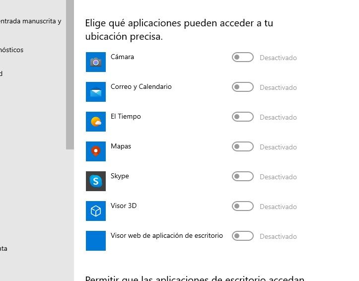Otorgar permisos de ubicación a las aplicaciones de Windows 10.