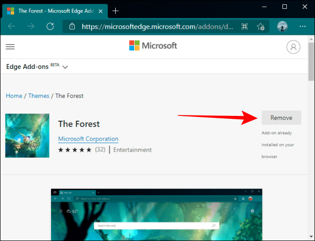 Damos clic en remover o quitar. De esta forma podemos borrar un tema de Microsoft Edge.