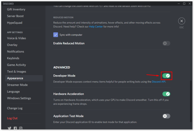 Modo desarrollador activado en Discord para Windows.