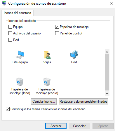 Ocultar iconos del sistema en Windows 10.
