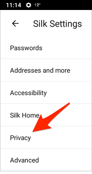 Privacidad en el navegador Silk.