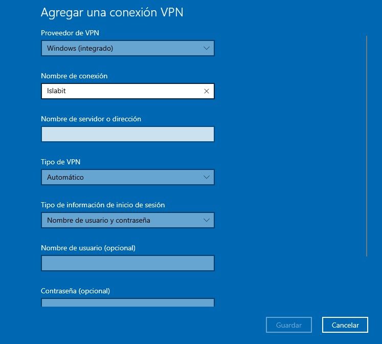 Rellenar datos para configurar VPN Windows 10.
