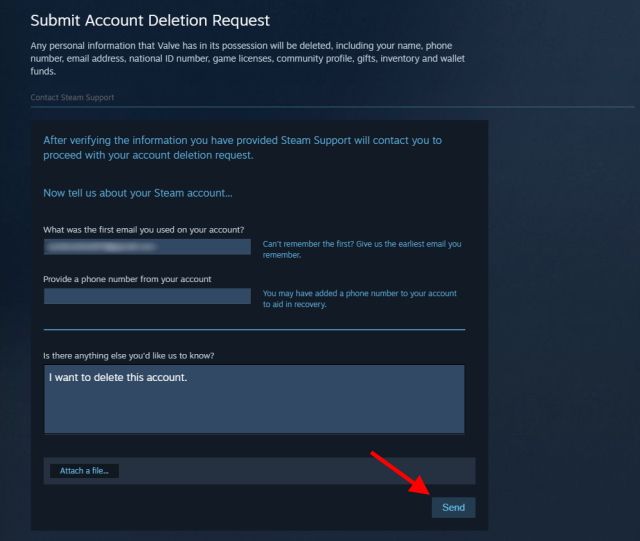 Enviamos la solicitud para eliminar la cuenta de Steam para siempre.