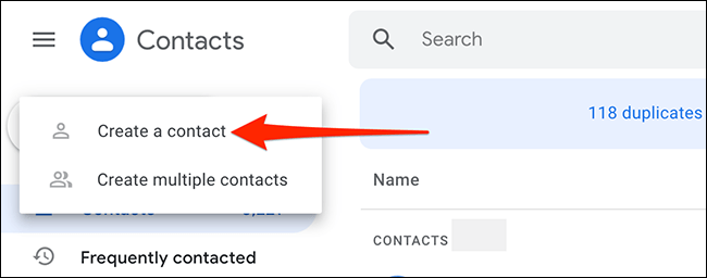 Crear nuevo contacto en Gmail.
