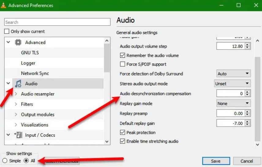 Cambiar compensación de desincronización de audio de VLC