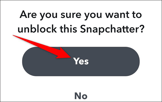 Confirmar para desbloquear a alguien en Snapchat.