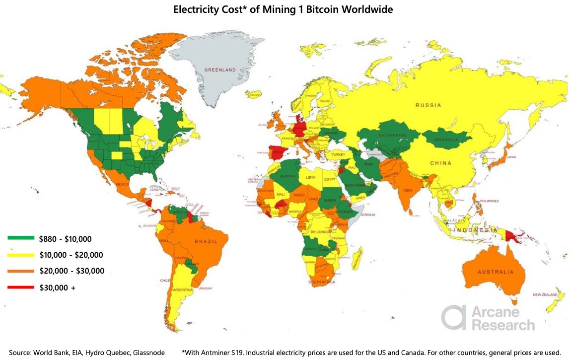 minar 1 bitcoin coste electricidad países