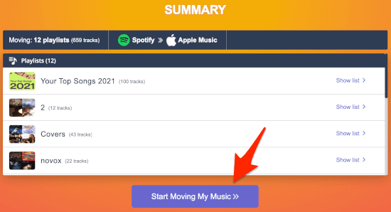 Comenzar a transferir listas de Spotify a Apple Music.