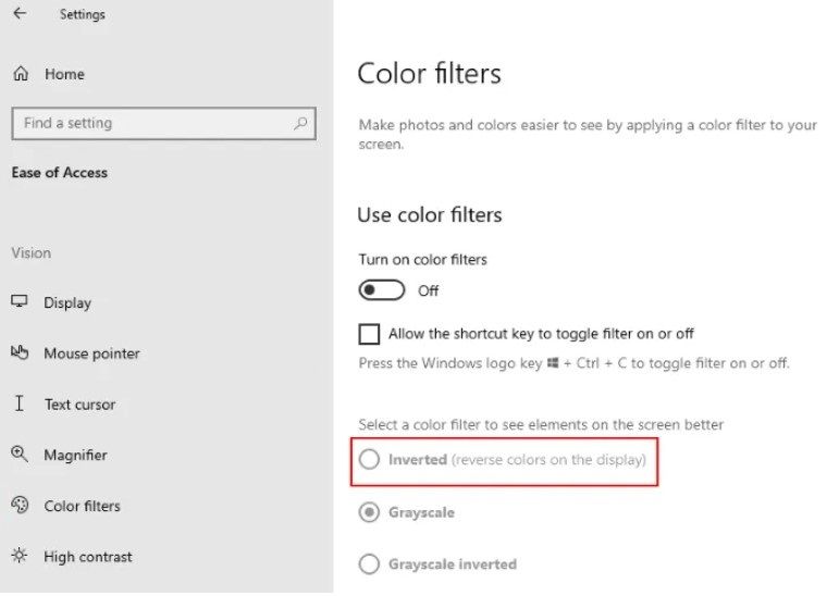 Invertir colores de Windows 10.