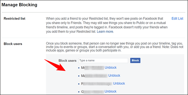 Personas bloqueadas en Facebook desde un ordenador.