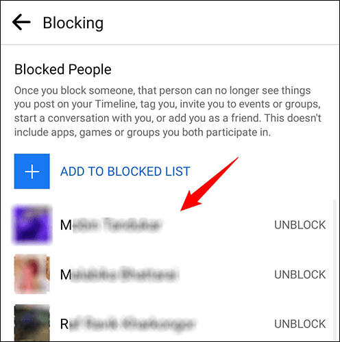 Lista de personas bloqueadas en Facebook desde dispositivos móviles.