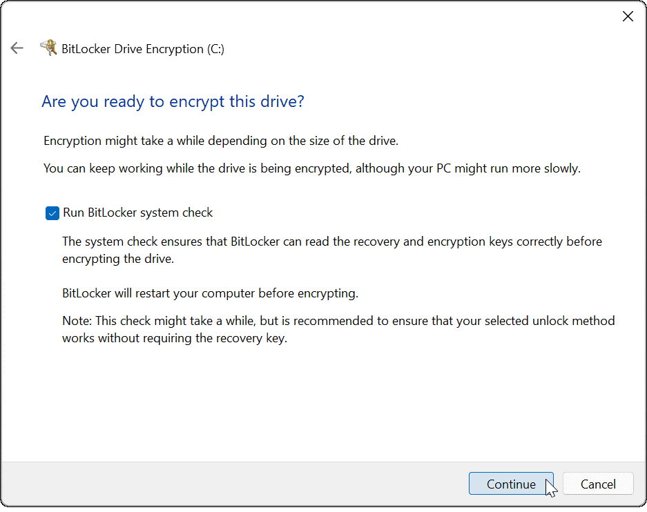 Ejecutar verificación del sistema Bitlocker en Windows.