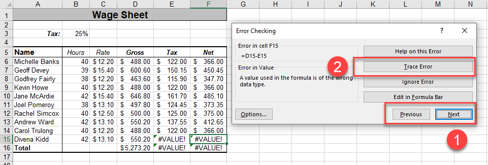 Rastrear errores de Excel.