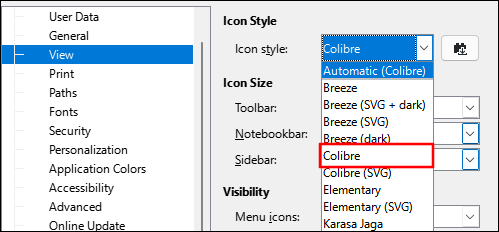 Elegir tipo de icono Colibre para que LibreOffice se parezca a Microsoft Office