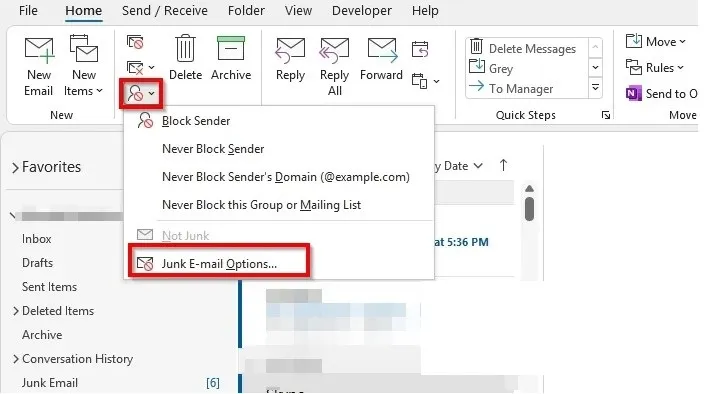 Cambiar el nivel de correo electrónico no deseado en Outlook.