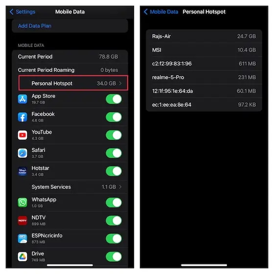 Verificar datos utilizados en Personal Hotspot iPhone