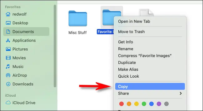 Copiar archivos en Mac desde el menú contextual.