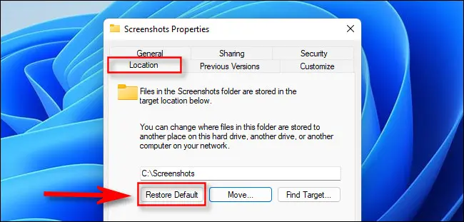 Restaurar carpeta de capturas de pantalla en Windows predeterminada.