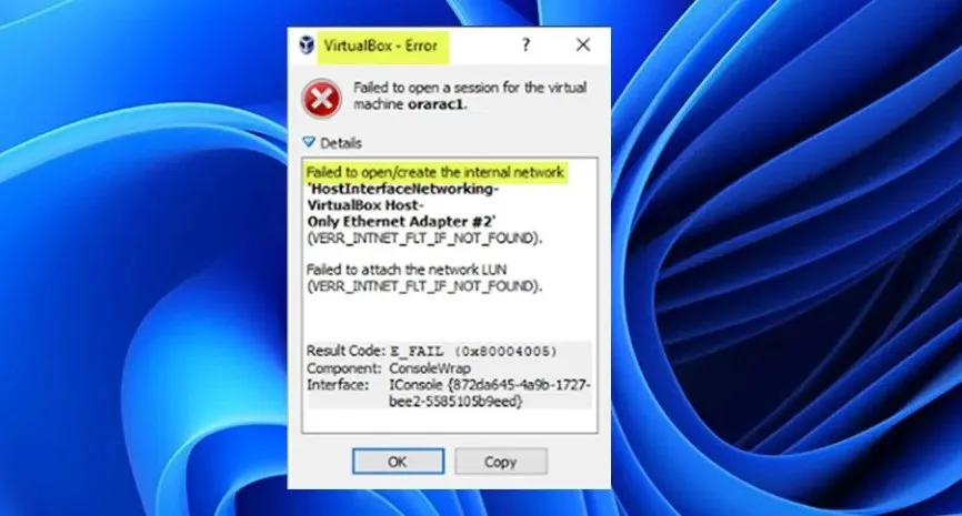 VirtualBox no pudo abrir/crear la red interna