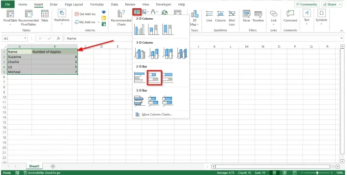 Insertar gráficos en Excel.