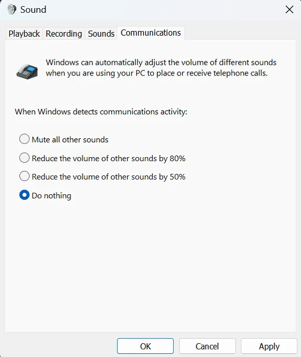 Opciones de sonido y comunicaciones en Windows