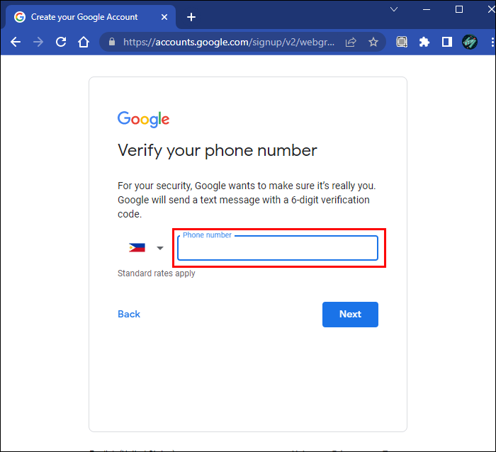 Confirmar número de teléfono para cambiar dirección de Gmail.