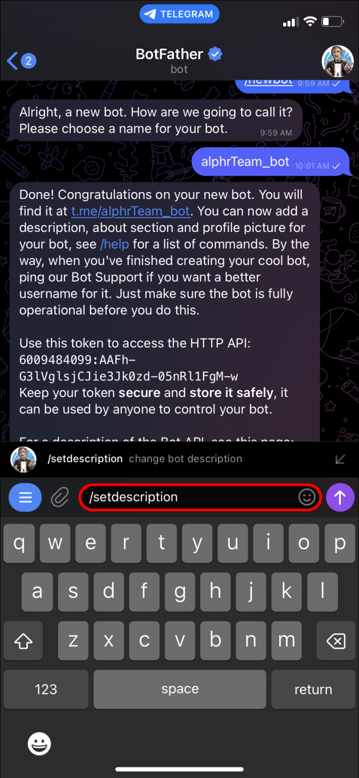 crear bot Telegram descripción