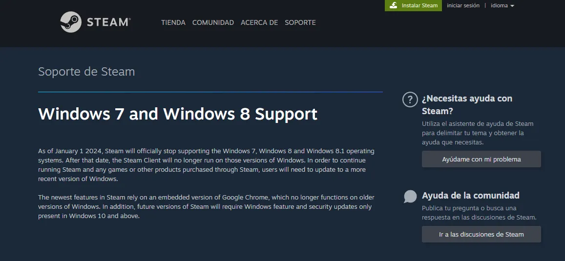 Debemos actualizar Windows para seguir usando Steam.