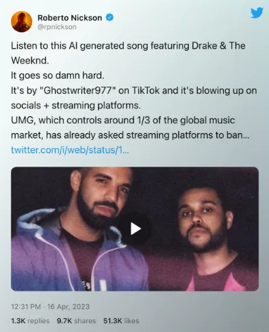 La IA vuelve viral una canción de Drake y The Weeknd, aunque no fue creada por los mencionados artistas.