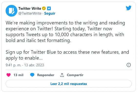 Twitter permitirá crear tweets de hasta 10.000 caracteres.