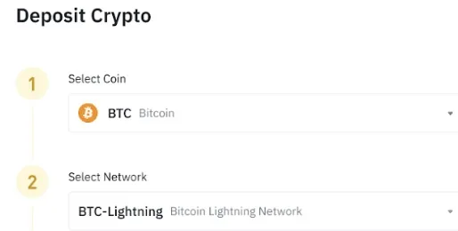Seleccionar la red BTC Lightning Network en Binance